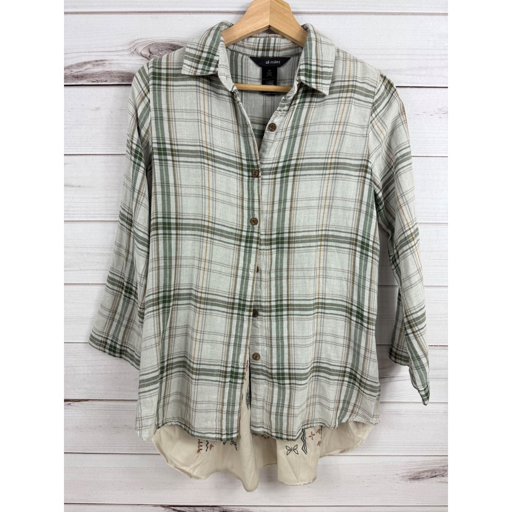 Ali Miles‎ Women's XS Plaid Button Down Shirt Embroidered Back Detail